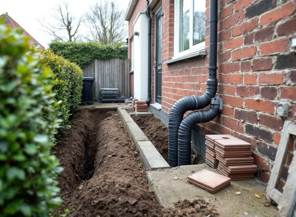 De voortuin van een rijtjeshuis tijdens het aansluiten: een sleuf langs de gevel en twee zwarte flexibele warmteleidingen die samen de muur in gaan