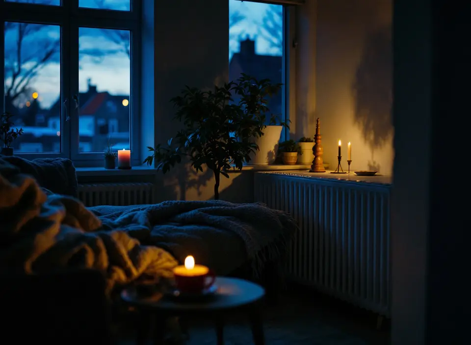 Een donkere woonkamer op een winteravond zonder verwarming, met een dikke deken op de bank, kaarsen en een radiator onder het raam