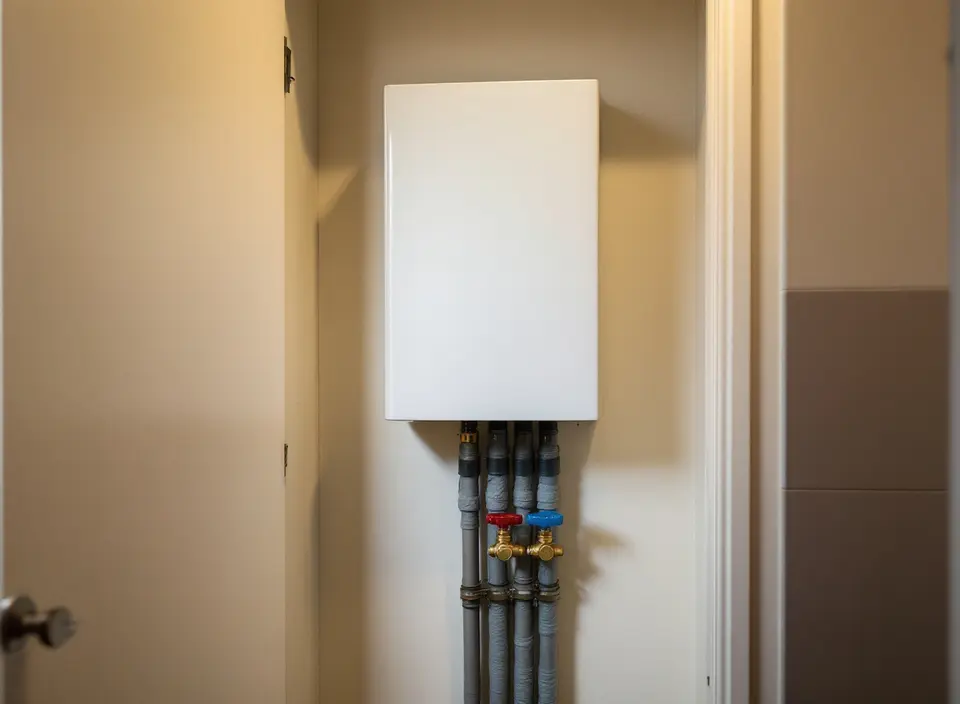 Een witte afleverset van het warmtenet in een kast in de gang, met geïsoleerde leidingen en een rode en een blauwe afsluiter