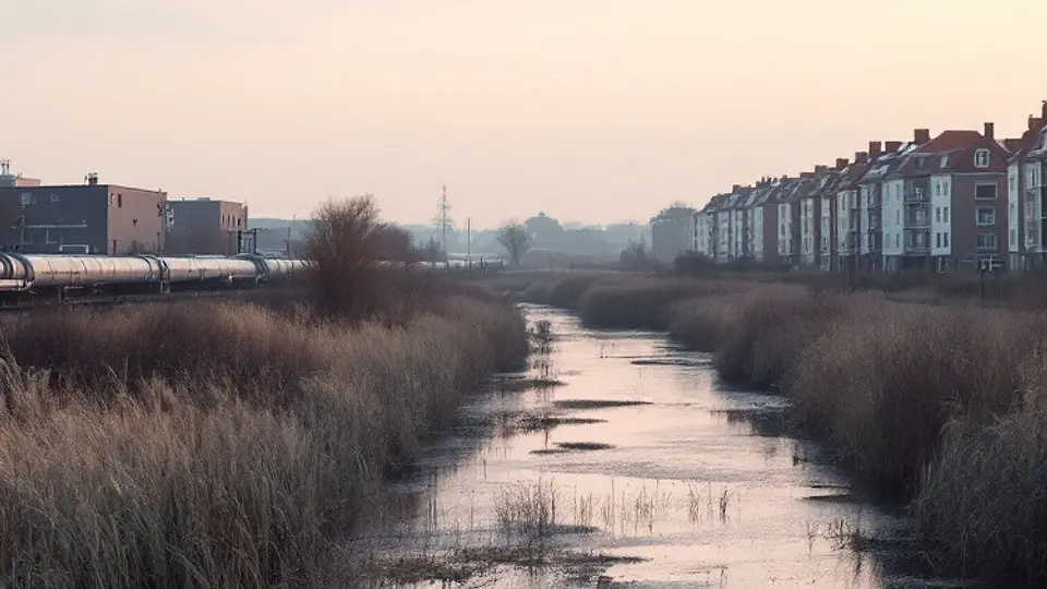 Een warmteleiding op een leidingbrug langs een vaart met riet, op weg naar de flats van een wijk bij zonsopgang