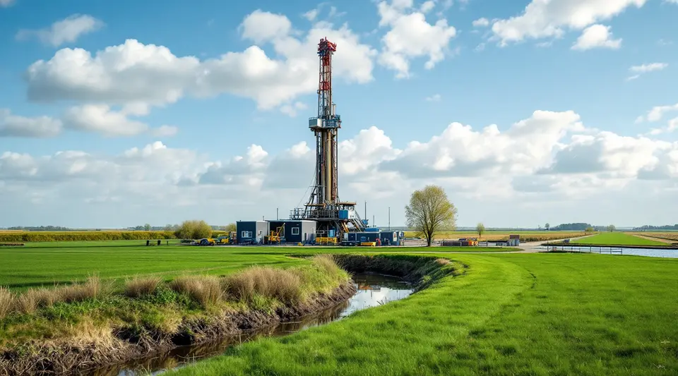 Een boortoren voor aardwarmte in een groen Nederlands polderlandschap, met een sloot en een knotwilg op de voorgrond
