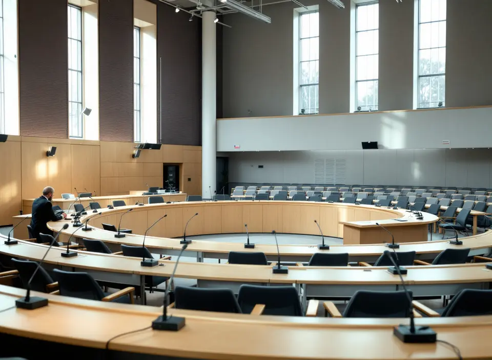 Een lege raadszaal in een Nederlands gemeentehuis, met lichte houten tafels in een hoefijzer en microfoons