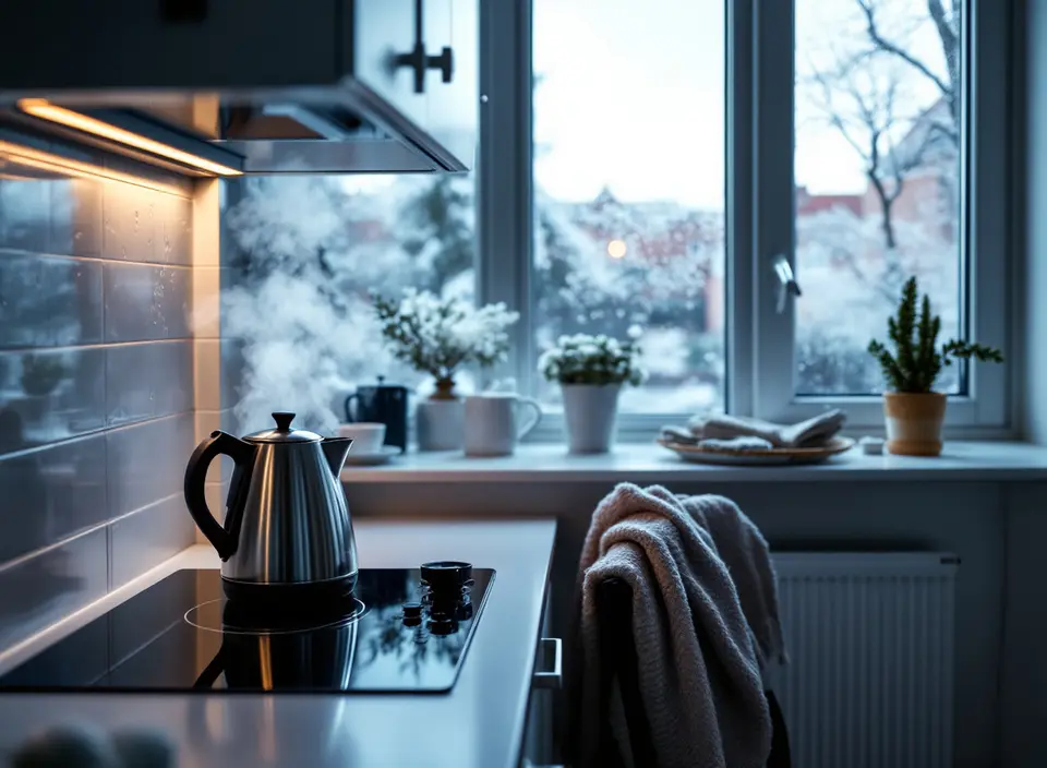 Een kleine keuken op een koude winterochtend: een waterkoker op een inductieplaat met stoom, en ijsbloemen op het raam