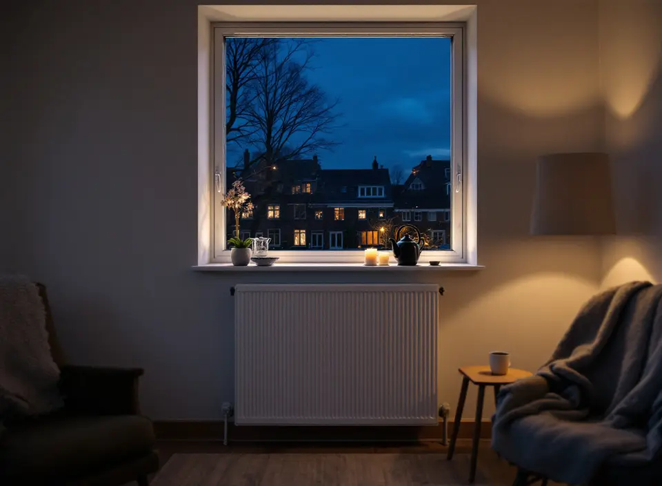 Een woonkamer op een winteravond met een witte radiator onder het raam, een theepot op een bijzettafel en een fauteuil met een plaid
