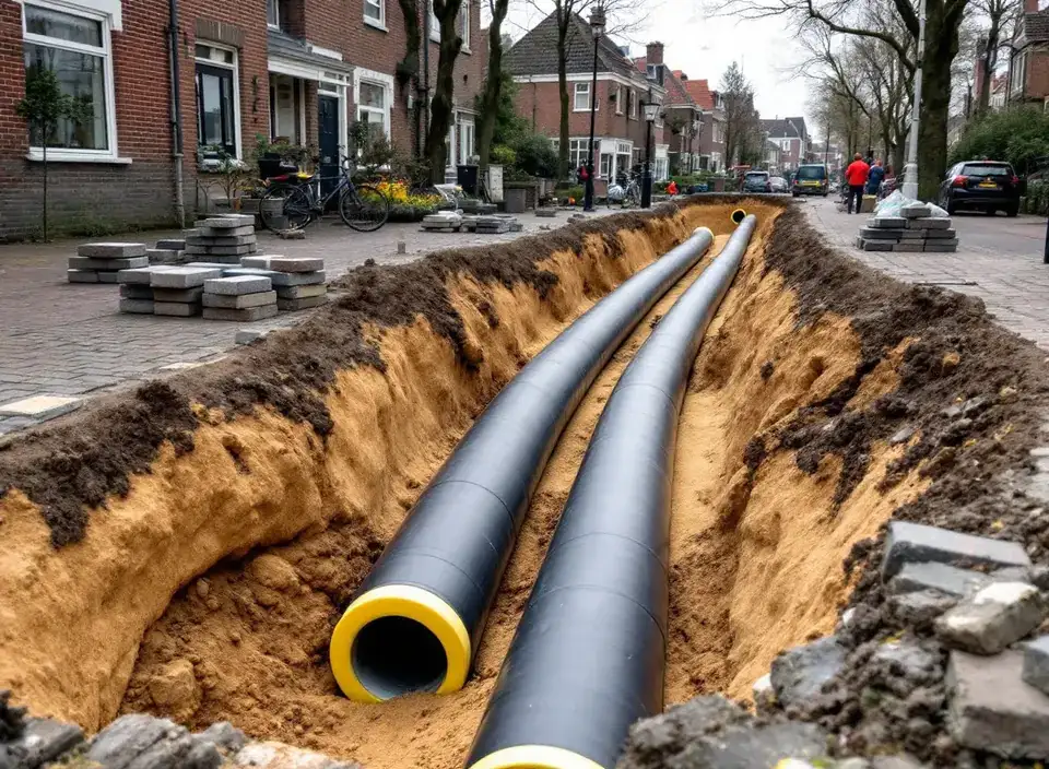 Een open sleuf in een straat met klinkers, met twee zwarte voorgeïsoleerde warmteleidingen naast elkaar op het zand: de aanvoer en de retour