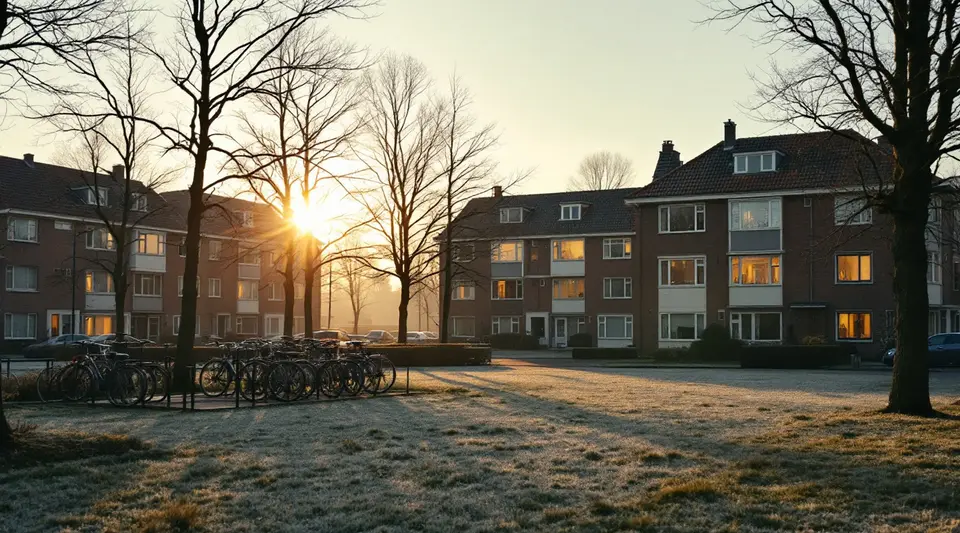 Een Nederlandse wijk met bakstenen flats op een koude winterochtend, met licht achter veel ramen, berijpt gras en fietsen in een rek
